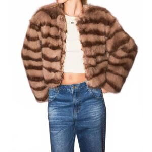 NEW LE LIS evie faux fur crop coat in mocha-brown stripe